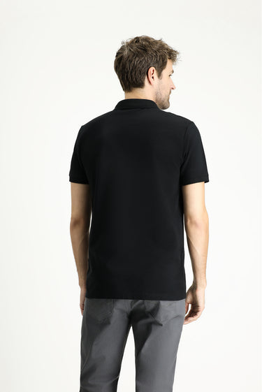  Siyah Polo Yaka Slim Fit Dar Kesim Nakışlı Pamuk Tişört
