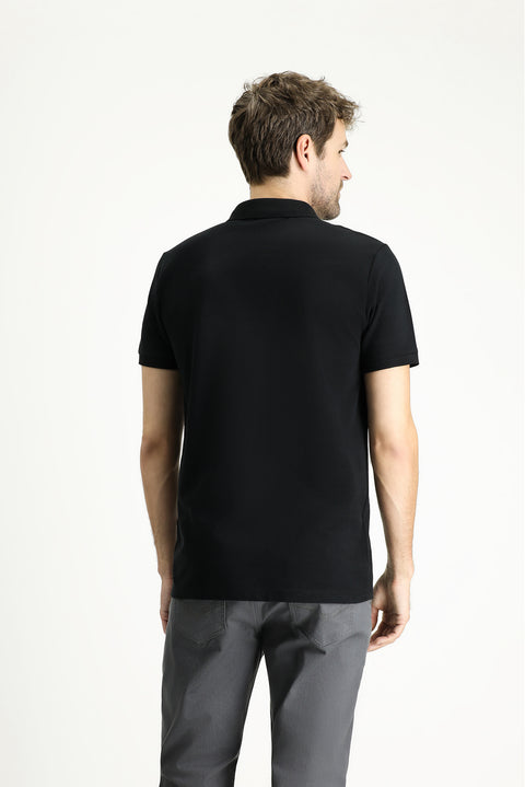 Siyah Polo Yaka Slim Fit Nakışlı %100 Pamuk Tişört