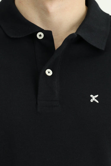 Siyah Polo Yaka Slim Fit Dar Kesim Nakışlı Pamuk Tişört