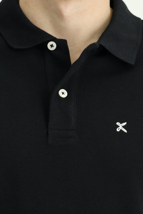 Siyah Polo Yaka Slim Fit Nakışlı %100 Pamuk Tişört