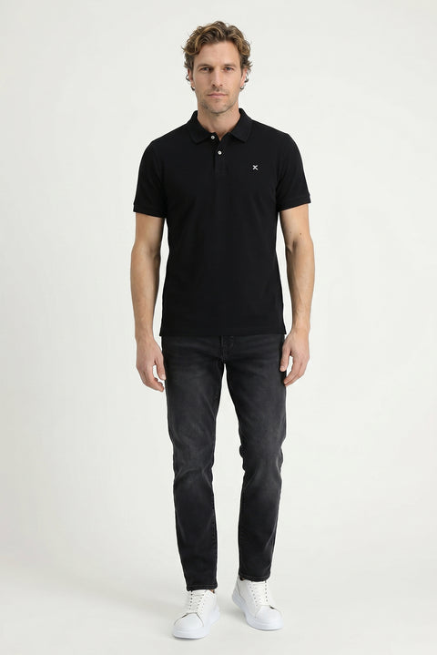 Siyah Polo Yaka Slim Fit Nakışlı %100 Pamuk Tişört