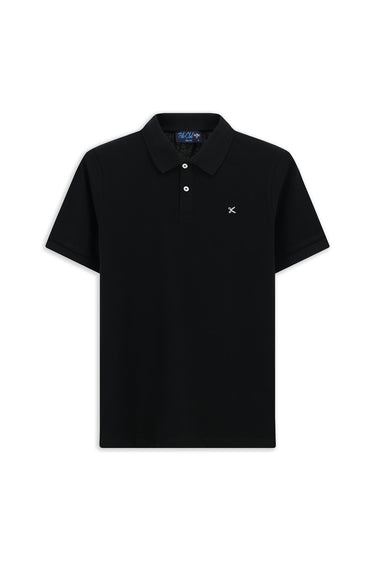 Siyah Polo Yaka Slim Fit Dar Kesim Nakışlı Pamuk Tişört