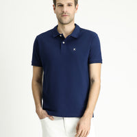 Orta Lacivert Polo Yaka Slim Fit Dar Kesim Nakışlı Pamuk Tişört