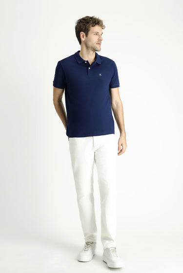  Orta Lacivert Polo Yaka Slim Fit Dar Kesim Nakışlı Pamuk Tişört