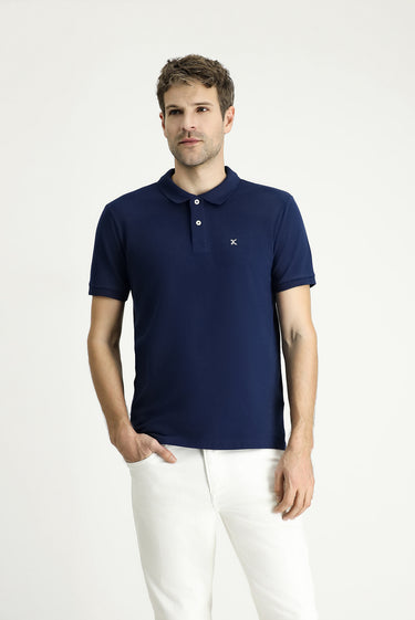  Orta Lacivert Polo Yaka Slim Fit Dar Kesim Nakışlı Pamuk Tişört
