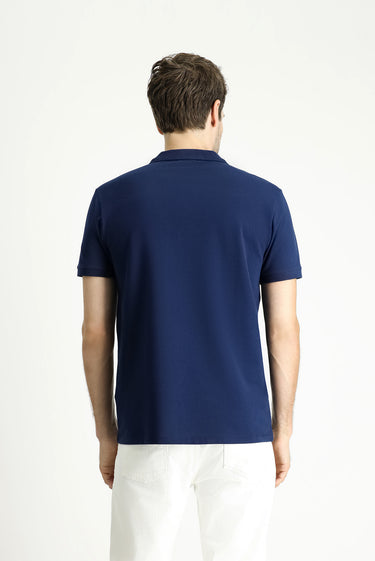  Orta Lacivert Polo Yaka Slim Fit Dar Kesim Nakışlı Pamuk Tişört