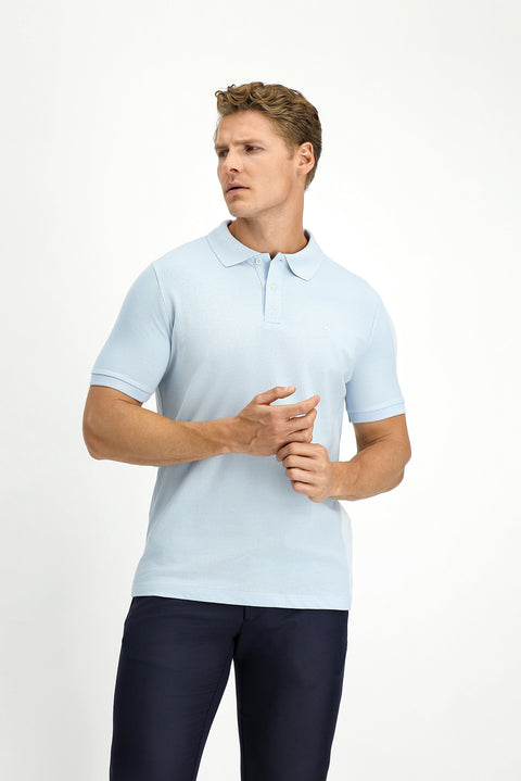 Açık Mavi Polo Yaka Slim Fit Nakışlı %100 Pamuk Tişört