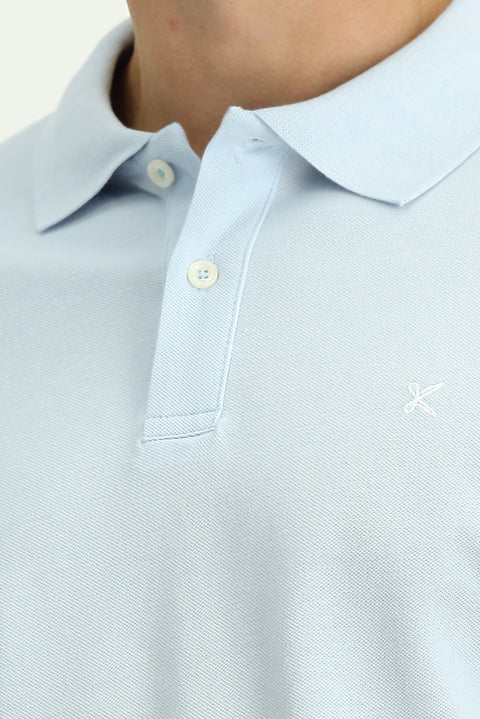 Açık Mavi Polo Yaka Slim Fit Nakışlı %100 Pamuk Tişört