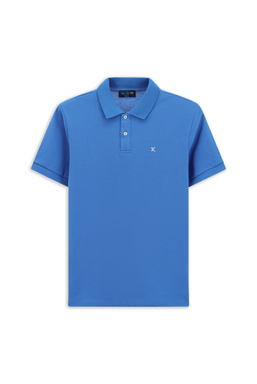 Saks Mavi Polo Yaka Slim Fit Dar Kesim Nakışlı Pamuk Tişört