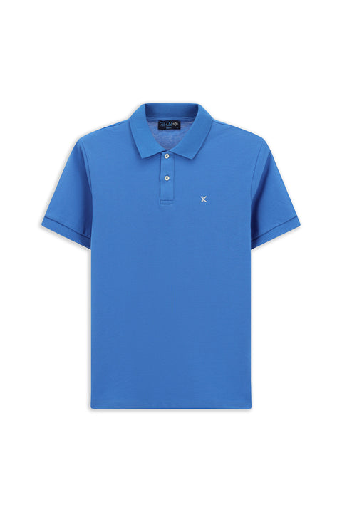 Saks Mavi Polo Yaka Slim Fit Nakışlı %100 Pamuk Tişört