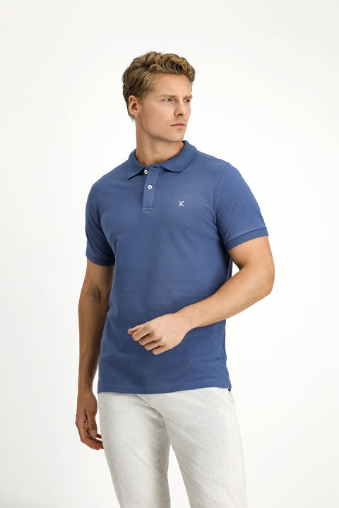 İndigo Polo Yaka Slim Fit Nakışlı %100 Pamuk Tişört