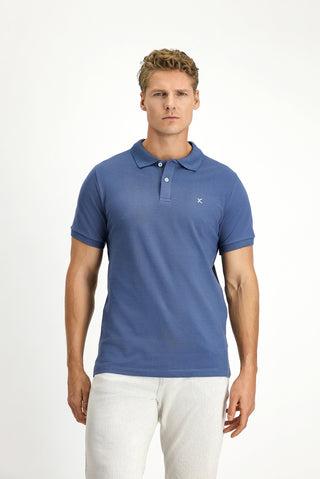  İndigo Polo Yaka Slim Fit Nakışlı %100 Pamuk Tişört