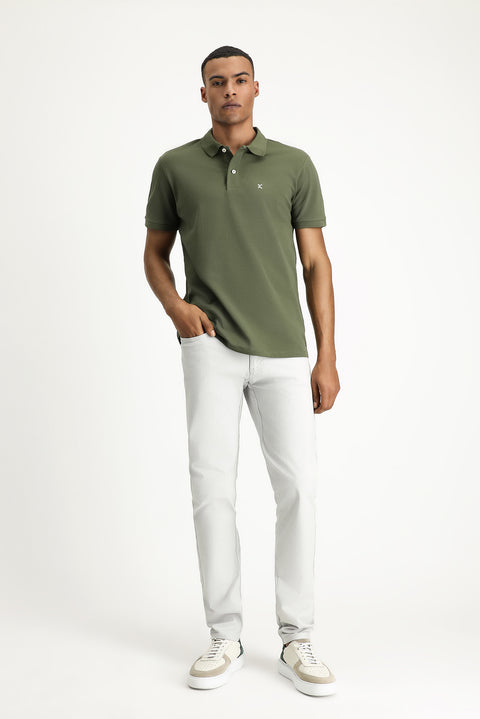 Orta Haki Polo Yaka Slim Fit Nakışlı %100 Pamuk Tişört