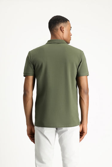  Orta Haki Polo Yaka Slim Fit Dar Kesim Nakışlı Pamuk Tişört