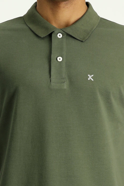 Orta Haki Polo Yaka Slim Fit Nakışlı %100 Pamuk Tişört