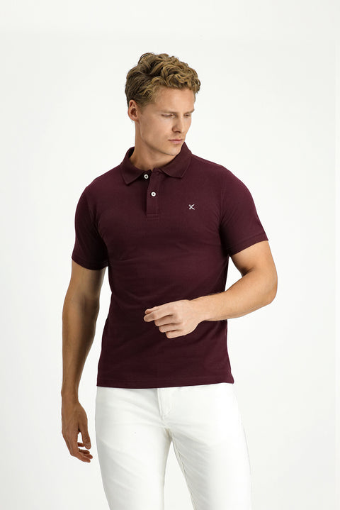 Koyu Bordo Polo Yaka Slim Fit Nakışlı %100 Pamuk Tişört