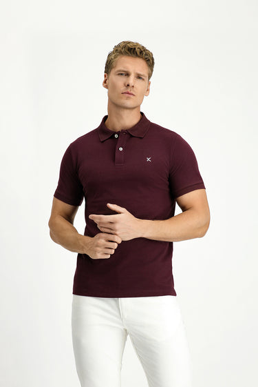  Koyu Bordo Polo Yaka Slim Fit Dar Kesim Nakışlı Pamuk Tişört