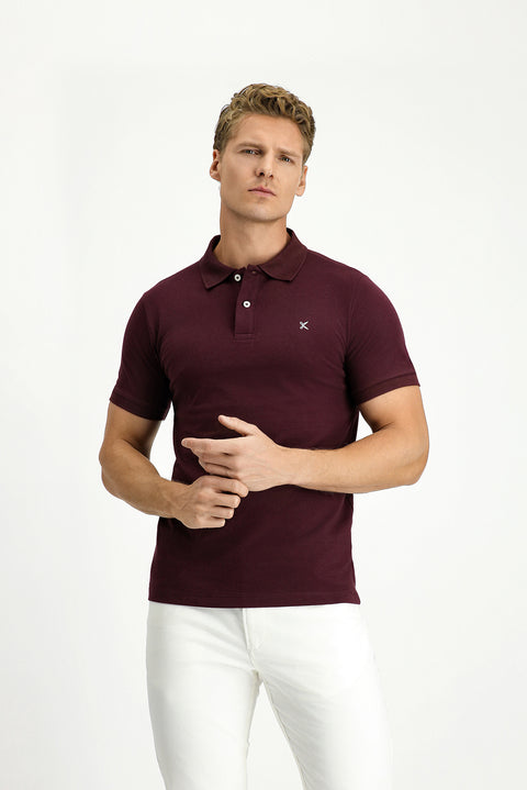 Koyu Bordo Polo Yaka Slim Fit Nakışlı %100 Pamuk Tişört