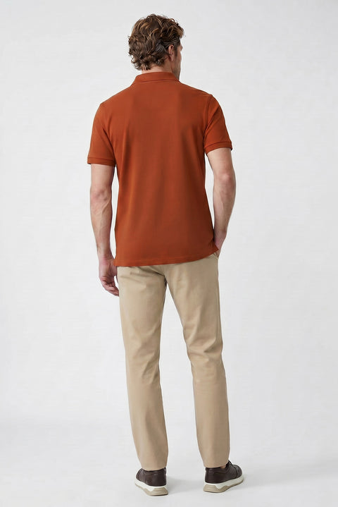 Kiremit Polo Yaka Slim Fit Nakışlı %100 Pamuk Tişört