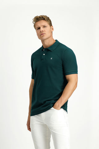  Koyu Yeşil Polo Yaka Slim Fit Nakışlı %100 Pamuk Tişört