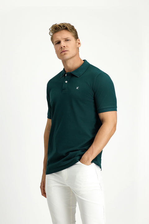 Koyu Yeşil Polo Yaka Slim Fit Nakışlı %100 Pamuk Tişört