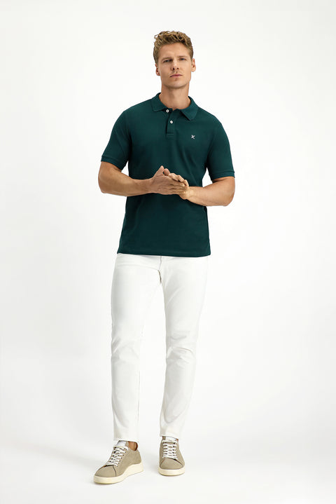 Koyu Yeşil Polo Yaka Slim Fit Nakışlı %100 Pamuk Tişört