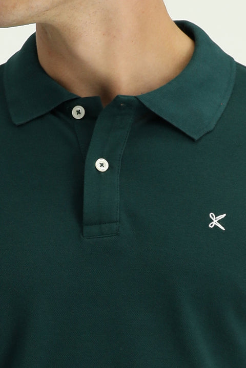 Koyu Yeşil Polo Yaka Slim Fit Nakışlı %100 Pamuk Tişört