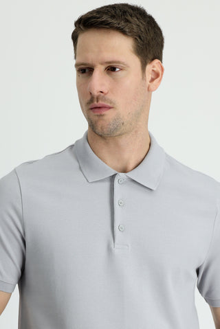  Orta Gri Polo Yaka Slim Fit Dar Kesim Pamuk Tişört