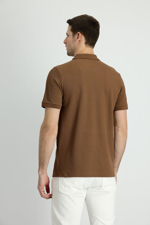 Dark Brown Polo Collar Slim Fit Cotton T-Shirt