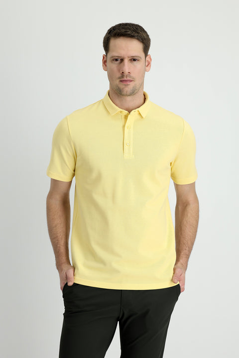 Açık Sarı Polo Yaka Slim Fit Dar Kesim Pamuk Tişört