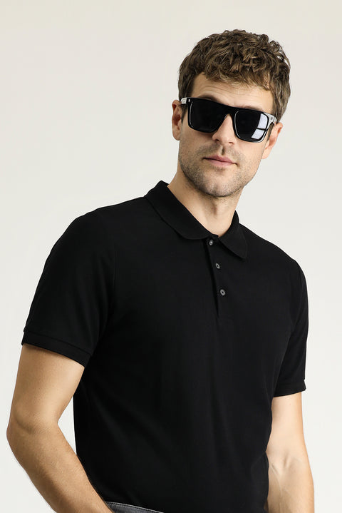 Siyah Slim Fit Dar Kesim Nakışlı Pamuk Polo Yaka Tişört