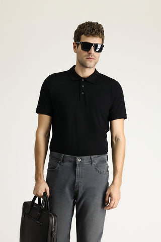  Siyah Slim Fit Dar Kesim Nakışlı Pamuk Polo Yaka Tişört