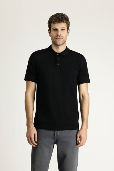 Siyah Slim Fit Dar Kesim Nakışlı Pamuk Polo Yaka Tişört