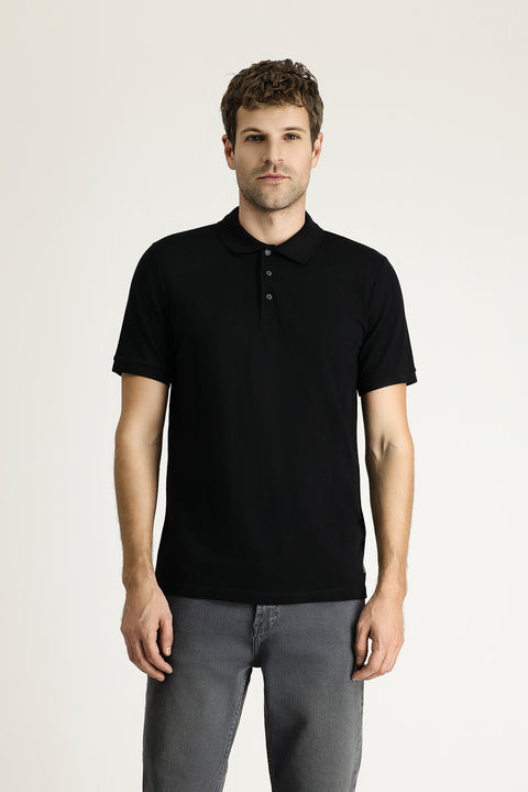 Siyah Slim Fit Dar Kesim Nakışlı Pamuk Polo Yaka Tişört