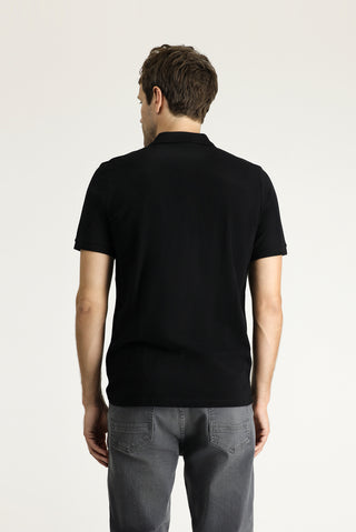  Siyah Slim Fit Dar Kesim Nakışlı Pamuk Polo Yaka Tişört