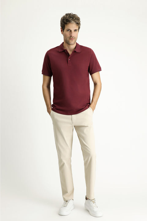 Koyu Bordo Slim Fit Dar Kesim Nakışlı Pamuk Polo Yaka Tişört