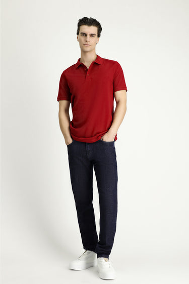  Koyu Kırmızı Slim Fit Dar Kesim Nakışlı Pamuk Polo Yaka Tişört