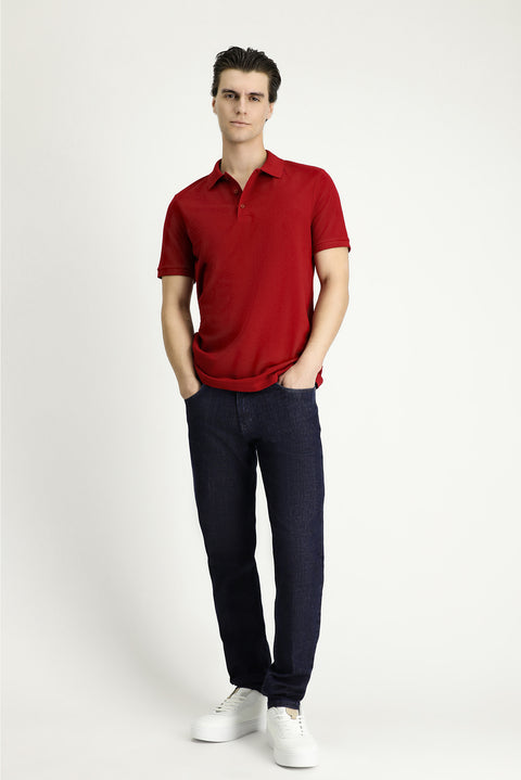 Koyu Kırmızı Slim Fit Dar Kesim Nakışlı Pamuk Polo Yaka Tişört