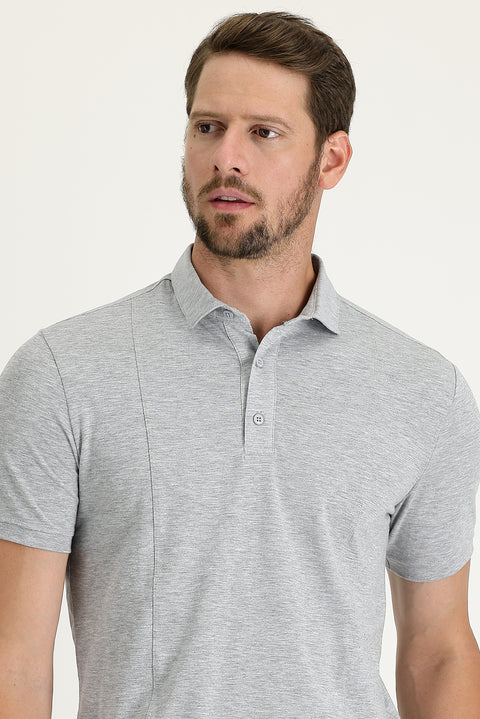 Orta Gri Melanj Slim Fit Dar Kesim Pamuklu Süprem Polo Yaka Tişört