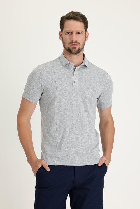Orta Gri Melanj Slim Fit Dar Kesim Pamuklu Süprem Polo Yaka Tişört