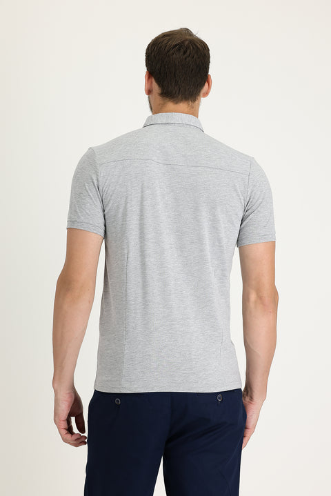 Orta Gri Melanj Slim Fit Dar Kesim Pamuklu Süprem Polo Yaka Tişört