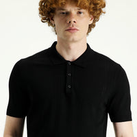 Siyah Polo Yaka Slim Fit Dar Kesim Desenli Tişört