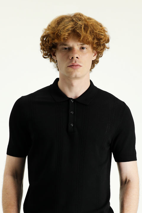 Siyah Polo Yaka Slim Fit Dar Kesim Desenli Tişört