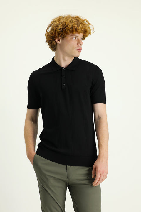 Siyah Polo Yaka Slim Fit Dar Kesim Desenli Tişört