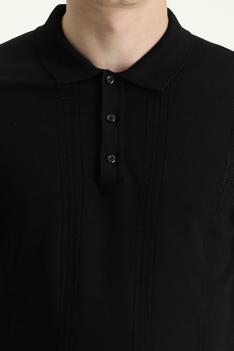 Siyah Polo Yaka Slim Fit Dar Kesim Desenli Tişört