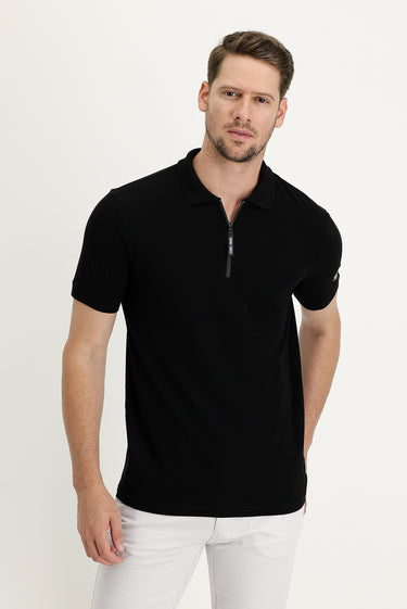Siyah Polo Yaka Slim Fit Dar Kesim Fermuarlı Baskılı Pamuk Tişört