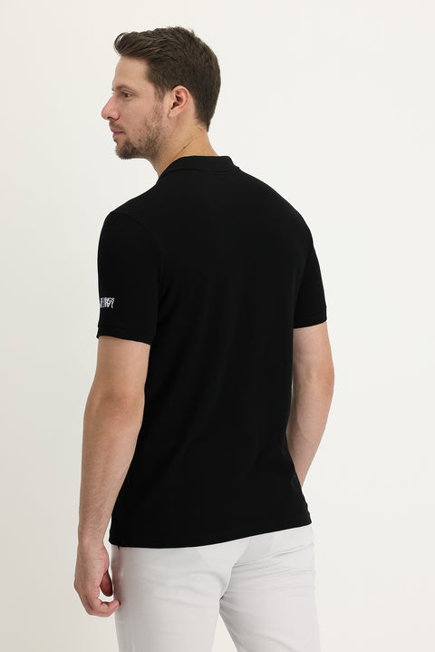 Siyah Polo Yaka Slim Fit Dar Kesim Fermuarlı Baskılı Pamuk Tişört