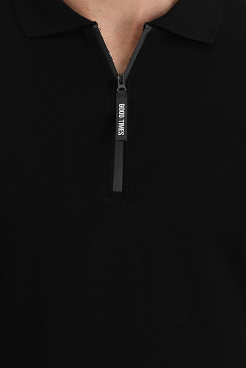 Siyah Polo Yaka Slim Fit Dar Kesim Fermuarlı Baskılı Pamuk Tişört