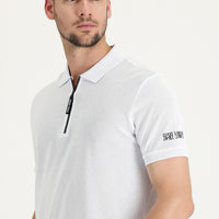 Beyaz Polo Yaka Slim Fit Dar Kesim Fermuarlı Baskılı Pamuk Tişört