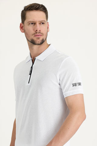  Beyaz Polo Yaka Slim Fit Dar Kesim Fermuarlı Baskılı Pamuk Tişört